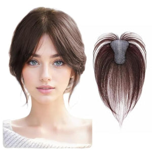 Hook and Loop Strap Human Hair Bangs No Clips Magic Paste Toppers For Women Female Upgrade Sewing Stickers Increase Volume of Fluffy Hair Patches (Dark Brown no Bangs 6x8cm)