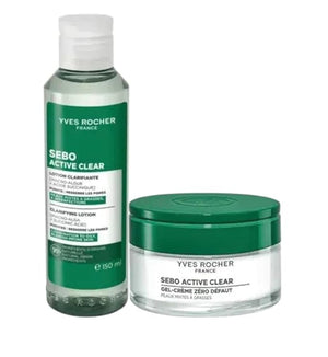 Yves Rocher Sebo Active Clear Anti-Imperfection Gel-Cream and Cleansing Tonic Lotion Tightens Pores Lightweight Hydration All Skin Types Set of 2 - 150 ml./5 fl.oz. 50 ml / 1.7 flOz