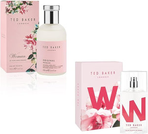 Ted Baker W and Woman Pink EDT Bundle includes W EDT pink orchid fig leaf and white peony top notes 75ml with Woman Pink EDT floral green feminine fragrance 3.38 fl oz