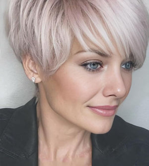 SEVENCOLORS Short Pixie Cut Wigs for White Women Blonde Mixed Light Pink Short Wigs with Bangs Layered Synthetic Hair Wigs Natural Looking