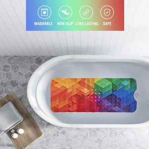 Rainbow Bathtub Mat Non Slip for Kids 40x16 Extra Long Geometry Modern Art Bath Mat for Tub Anti Slip 3D Cubic Abstract Bath Shower Mat with Large Drain Holes and Suction Cups Colorful Bathroom Decor