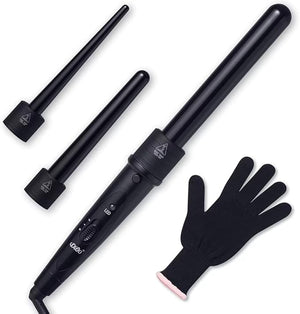 iMissiu Tourmaline 3 in 1 Curling Wand Set with 3 Interchangeable Curling Iron Ceramic Barrels with Heat Resistant Glove ? Black