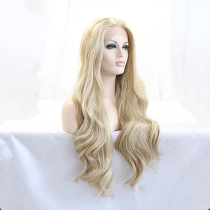 Melody Blonde Mixed Lace Wigs for Women Middle Part Long Wave Gold Synthetic Lace Front Wigs 180% Density Half Hand Tied Heat Resistant Fiber Hair 24''