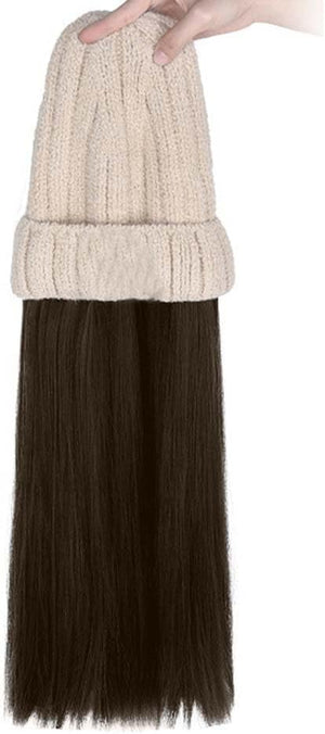 Woman Wig Winter Beanie Hat Wig Extension Long Wavy Curly Wig with Plush Knitted Hat Warm Wig