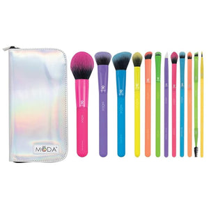 Moda Totally Electric 13pc Full Face Makeup Brush Set ? Bold Colorful Vegan Brushes for Face &amp Eye Makeup Blending Contouring and More