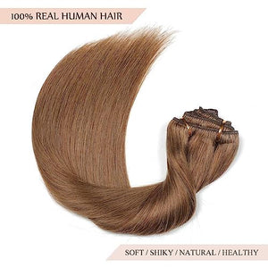 Sisily Clip in Hair Extensions Real Human Hair 16 inch 140g Medium Light Brown 100% Brazilian Remy Human Hair Clip in Extensions Soft Straight 7pcs Per Set with 16 Clips Double Weft