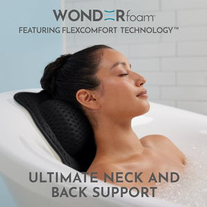 WONDERfoam Thick Padded Ergonomic Bath Pillow for Tub Bathtub Headrest Neck and Back Support Strong Suction Cups Machine Washable Breathable Mesh Quick Dry Pillows Luxury Spa Accessories Black