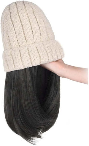 Woman Wig Winter Beanie Hat Wig Extension Long Wavy Curly Wig with Plush Knitted Hat Warm Wig