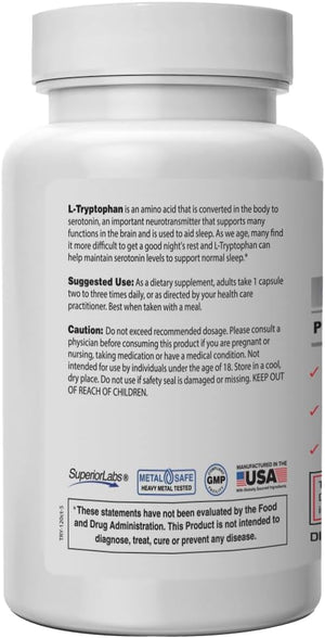 Superior Labs L-Tryptophan 500 mg Capsules Pure Non-GMO Amino Acid High Absorption Supports Sleep and Mood Helps with Occasional Stress PMS Support 120 Veg Caps