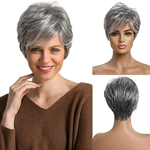 EMMOR Short Grey Human Hair Blend Synthetic Fiber Wigs for Women Natural Pixie Cut Wig With Bang,Natural Daily Use Hair