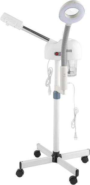Professional Facial Steamer2 in 1 Facial Steamer on WheelsEsthetician Facial SteamerFace Steamer for Personal Skin Care Deep Cleaningwith 3X Magnifying Lampfor Spa Salon and at Home Use (White)