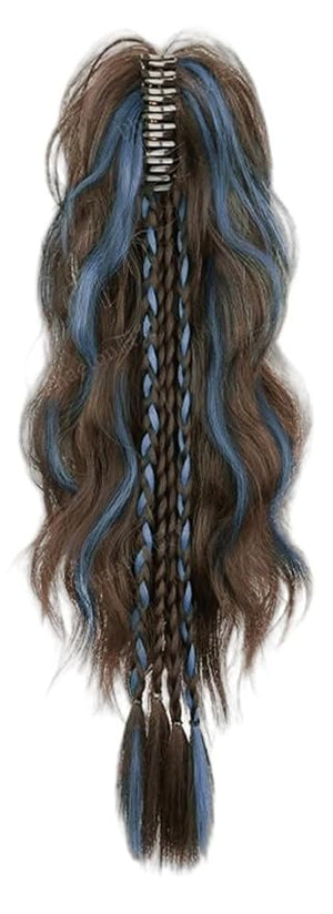 Ponytail Extension Claw Clip in Long Curly Wavy Ponytail Braids Hair Extension Synthetic Pony Tail Hairpiece (Brown Blue)