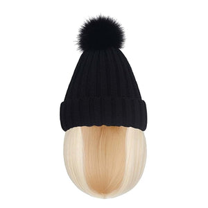 Women Caps with Hair Knit Beanie Cap with Extensions Short Straight Hairstyle Hat Wigs Winter knitted hat bob wig