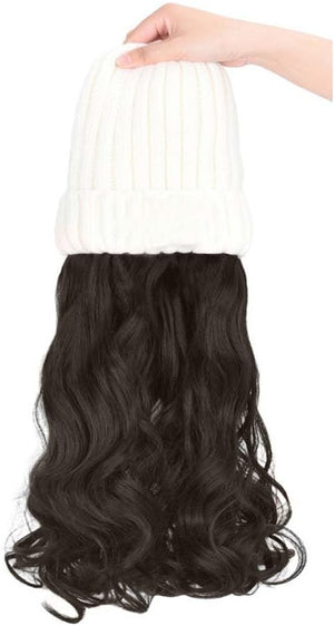 Woman Wig Winter Beanie Hat Wig Extension Long Wavy Curly Wig with Plush Knitted Hat Warm Wig