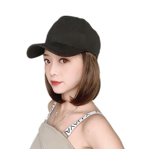 Women's Short Bob Wigs Baseball Cap with Hair Girls Wig Hats Straight Hair Wavy Natural light brown