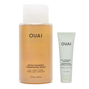 OUAI Detox Shampoo (10 fl oz) &amp Anti-Dandruff Deluxe Size (1 fl oz) Bundle - Soothing Clarifying Shampoo Set for Dry Flaky Scalp - Removes Dirt &amp Build Up (2 Count)
