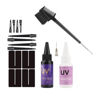 UV Hair Set Super Fast Remover UV Hair Extension Kit 30g UV Hair Glue with 30ml Glue Remover Anti-UV Shield Guards Replacement Accessories for UV Hair Extensions