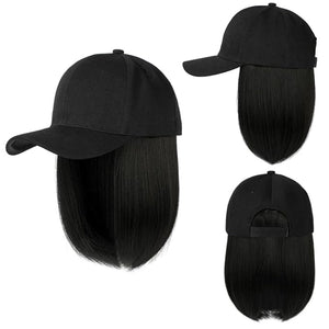 Women's Short Bob Wigs Baseball Cap with Hair Girls Wig Hats Straight Hair Wavy Natural black