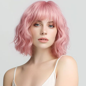 Short Pink Wig with Bangs Natural Looking Hair Wigs for Women Pink Wavy Medium Length Heat-Resistant Synthetic Fiber Hair Water Wave Bob Wig Colorful£¨14 Inches£©