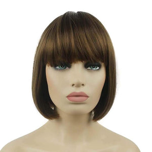 Lydell 8 Straight Short Bob Hair Flat Bangs Cute Central Dot Skin Top Heat Resistant Synthetic Wigs (Light Reddish Golden Brown)