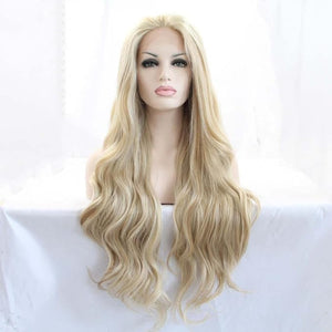 Melody Blonde Mixed Lace Wigs for Women Middle Part Long Wave Gold Synthetic Lace Front Wigs 180% Density Half Hand Tied Heat Resistant Fiber Hair 24''