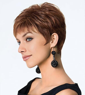 SEVENCOLORS Short Auburn Pixie Cut Wigs for White Women Synthetic Mixed Brown Wigs with Bangs Natural Layered Short Hair Wigs for Women