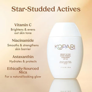 Kopari Bright as Day Sheer Mineral Sunscreen SPF 50, 100% Mineral Facial Sunscreen with Vitamin C &amp; Niacinamide, Sheer Finish, All Skin Tones, 1.7 oz