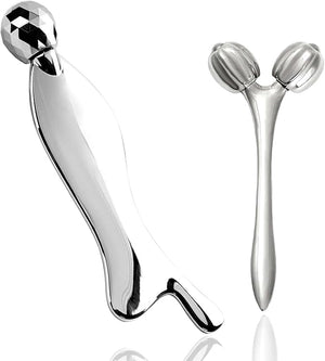 Face &amp; Body Roller Massager - Guasha Tool for Face, Neck &amp; Eyes, Stainless Steel, Chin Lift, Skin Tightening (Silver White)