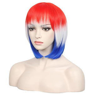 WildCos Short 12 Inches Straight Synthetic Cosplay Wig for Women (Red - White - Blue)