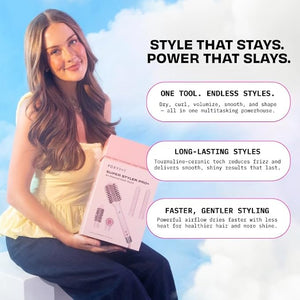 FoxyBae Super Styler Pro Interchangeable Hair Styler Wand Curling Iron Set - w/Drying Cylinder Ceramic Blowout &amp Round Brushes 2 Auto-Wrap Curlers - Frizz-Free Smooth Hair (Blush)