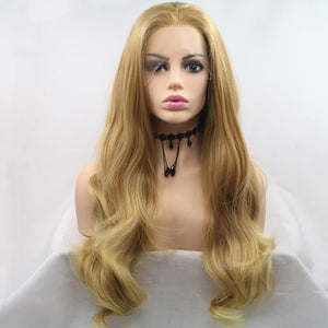 xiweiya Long Natural Golden Blonde Lace Front Wigs Middle Part 13x3 Lace Wig Body Wave Synthetic Lace Front Wigs Heat Resistant Fiber Hair for Women 24Inch