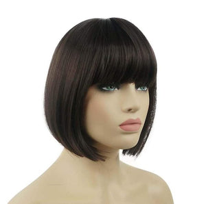 Lydell 8 Straight Short Bob Hair Flat Bangs Cute Central Dot Skin Top Heat Resistant Synthetic Wigs (6 Chestnut Brown)