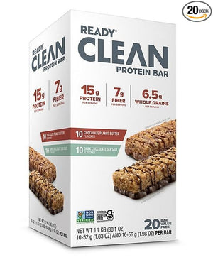 Ready Nutrition CLEAN Bar 15g Protein for Lean Muscle Mass 7g Fiber for Satiety Great for Muscle Building Muscle Recovery and Weight Loss - Variety Pack (Pack of 20)