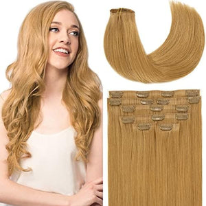 Loxxy Seamless Clip in Hair Exrensions Human Hair Straberry Blonde Silky Straight Clip in Extensions Real Human Hair For Women 22Inch Invisible PU Weft 110G 7Pcs #27