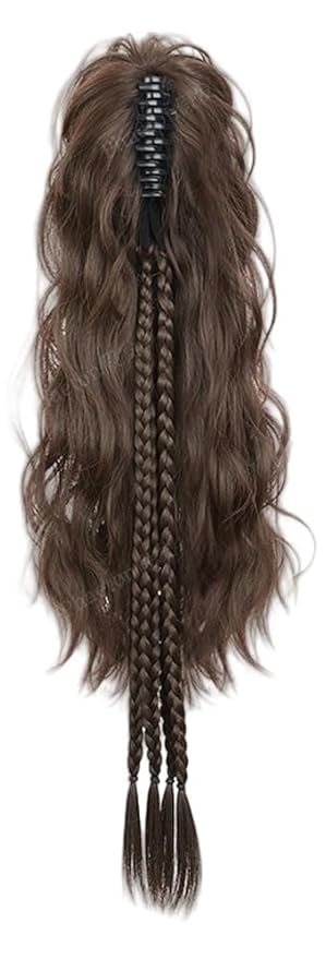 Ponytail Extension Claw Clip in Long Curly Wavy Ponytail Braids Hair Extension Synthetic Pony Tail Hairpiece (Brown)