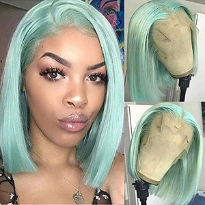 Smartinnov Virgin Human Hair Wigs Glueless Middle Part Silky Straight Hair Wigs Mint Green 180% Density 8 inches 13X4 Frontal Pre Plucked Natural Hairline Short Lace Bob Wigs for Women