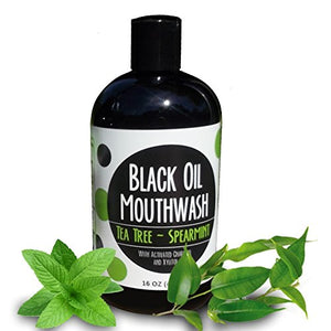 Black Oil Mouthwash for Oil Pulling w/Powerful Xylitol &amp Activated Charcoal Sweet Tea Tree &amp Spearmint Flavor16 oz.