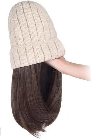 Woman Wig Winter Beanie Hat Wig Extension Long Wavy Curly Wig with Plush Knitted Hat Warm Wig