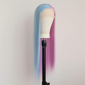 xiweiya Half color Blue Pink Wigs Long Straight Red Blue Synthetic Lace Front Wig Middle Part Heat Resistant Fiber Hair Lace Front Wig 13x3 Lace Hair for Women Drag Queen 24inch