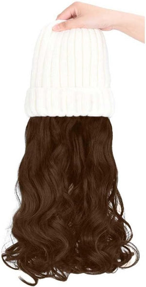 Woman Wig Winter Beanie Hat Wig Extension Long Wavy Curly Wig with Plush Knitted Hat Warm Wig