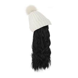 Women Winter Beanie Hat with wig Big Wavy Curly Hair Extensions Knit ski snow Cap Attached Party Daily Weddings wig