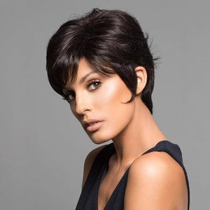 Short Brown Pixie Cut Wigs Human Hair with Bangs Wavy Layered Natural Looking for White Women Daily Use (Black)