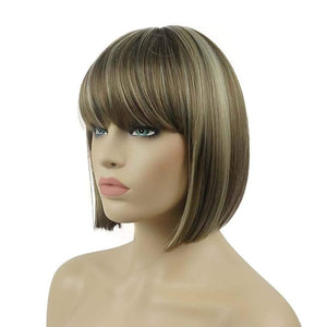Lydell 8" Straight Short Bob Hair Flat Bangs Cute Central Dot Skin Top Heat Resistant Synthetic Wigs (18-22 Light Ash Brown)