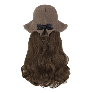 Synthetic Long Wavy Curly Wig Hat for Women Khaki Bucket Style with Light Brown Hair Extensions Comfortable Fashion Hair Accessory for Daily Wear Parties Cosplay and Gifts