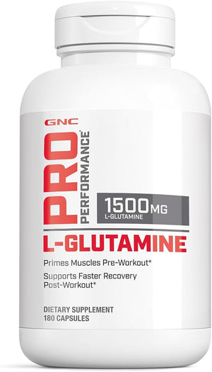 GNC Pro Performance L-Glutamine 1500mg Amino Acid Supplement Supports Muscle Recovery &amp Function Fuels Immune System Plays Key Role in Protein Synthesis Unflavored Gluten Free 180 Capsules