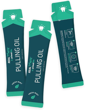 Primal Life Organics ? Real White Pulling Oil Teeth Whitening Mouthwash with Essential Oils Coconut Tea Tree Key Vitamins Chemical Free Fluoride Free 14 Sachets (Fresh Mint 0.33 oz.)