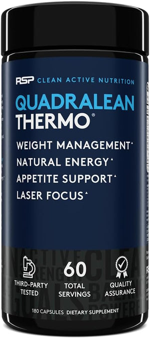 RSP Nutrition QuadraLean Thermogenic Fat Burner for Men &amp Women Weight Loss Supplement Crash-Free Energy Metabolism Booster &amp Appetite Suppressant Diet Pills 60 Serv (Packaging May Vary)