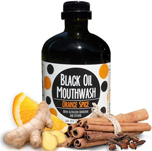 Coconut/Avocado/Sesame Oil Mouthwash Sweet &amp Delicious Orange Spice with Charcoal &amp Xylitol for Oil Pulling 15 oz Black Oil Mouthwash Glass Bottle (Orange Cinnamon Spice)