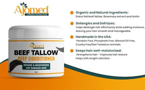 Tallow Deep Conditioner | Hair Treatment for Dry &amp Damaged Hair | Handmade hair mask - Detangler- Anti-Frizz dreadlock hair moisturizer-Split Ends Hair Care for Dry Thin Fine Hair