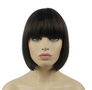 Lydell 8 Straight Short Bob Hair Flat Bangs Cute Central Dot Skin Top Heat Resistant Synthetic Wigs (6 Chestnut Brown)